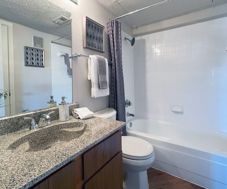 Modern bathroom with a granite countertop, sink, toilet, and white bathtub. Towels and decorative items are neatly arranged.